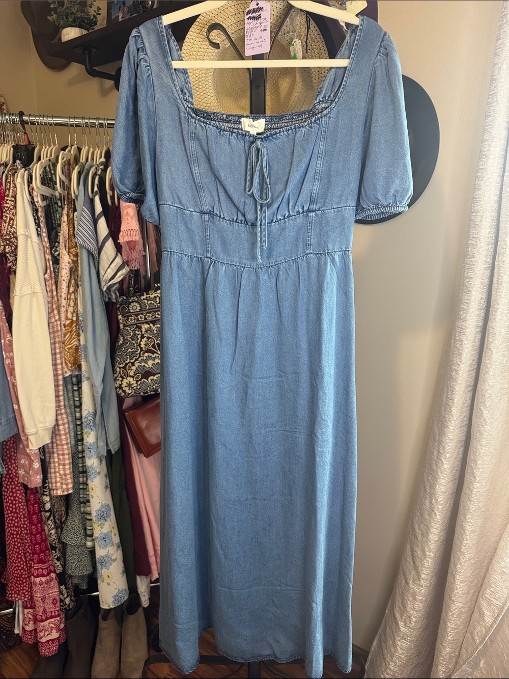 bohme Light Blue Denim Maxi Dress with Puff Sleeves